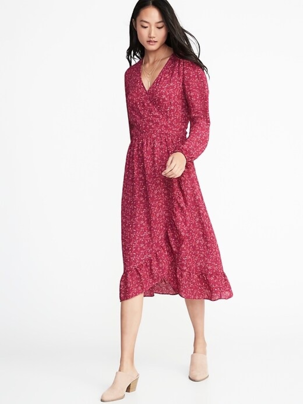 Old Navy Waist Defined Ruffle Trim Faux Wrap Georgette Midi Dress Red Size XL